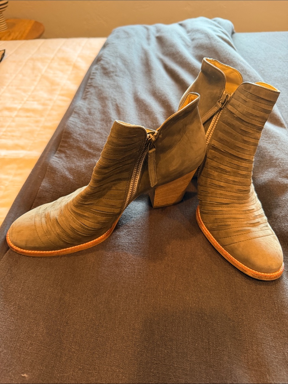 Paul Green Olive Suede Ankle Booties with Stacked Heel